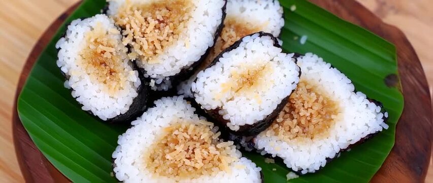 Delicious Filipino rice cake (biko) on banana leaf and wooden plate background
