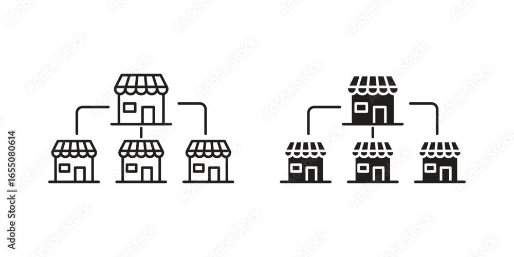 Poster illustration of a store network with a main store and several branches. simple line and solid icon d