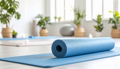 High-quality, professional marketing-style photograph of a yoga mat with props in a bright studio, shot with a 50mm lens, eye-level angle, minimalist composition with clear focal point, soft natural l