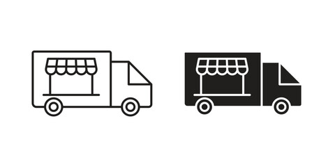 Simple line art and solid black food truck icons, isolated on white. Perfect for mobile apps or websites.