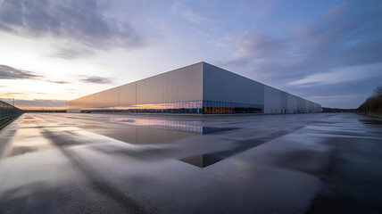 Obraz premium A wide-angle, low-perspective shot of a large, modern industrial building at sunset with reflections in puddles. 