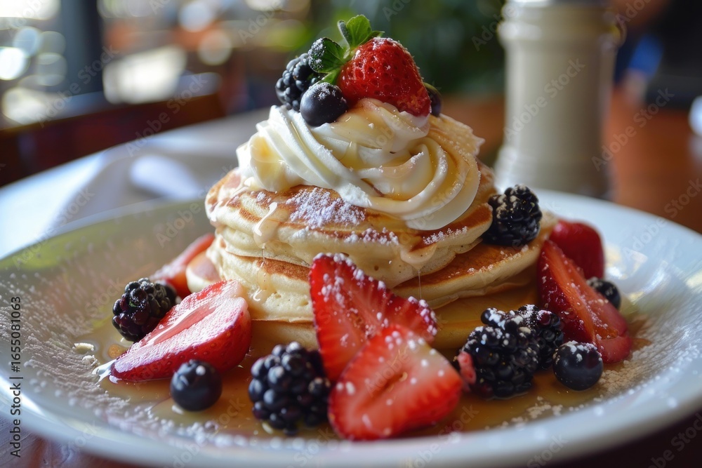 Poster stack of pancakes dripping with syrup and topped with whipped cream and fresh berries, making a temp