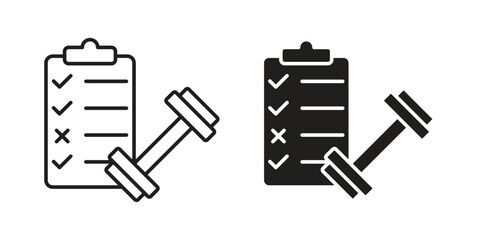 Two variations of a fitness checklist icon with a dumbbell. Line art and solid black versions.