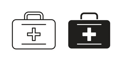 Two first aid kit icons: one line art, one solid black. Medical cross symbol included. Isolated on white.