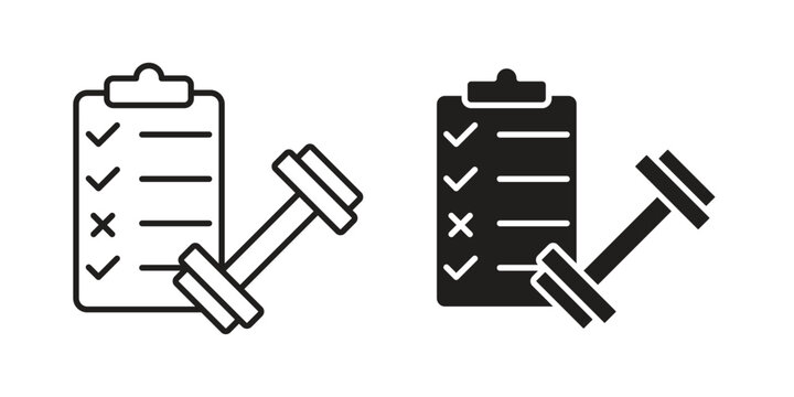 Two variations of a fitness checklist icon with a dumbbell. Line art and solid black versions.