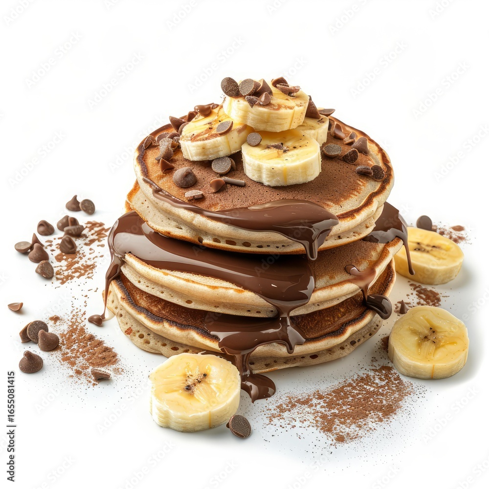 Poster stack of pancakes dripping with chocolate, topped with banana slices and chocolate chips, creating a