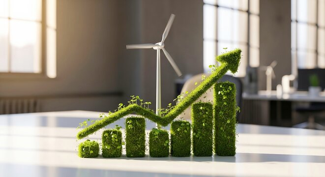 Moss bar graph and wind turbine symbolize sustainable business and green energy growth