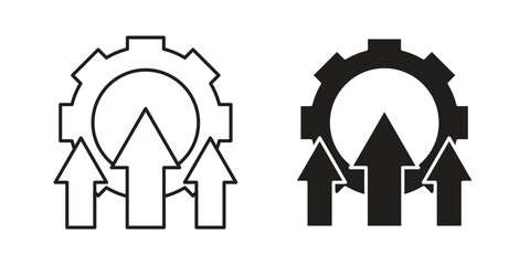 Line art and solid black icons of a gear with three upward arrows, symbolizing growth and progress. Isolated on white.
