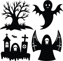 Vector art of halloween icons spooky ghost, haunted tree, graveyard with cross, and scary hooded figure