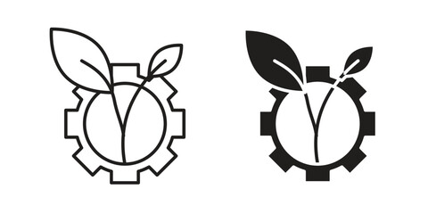 Two variations of a plant sprout inside a gear icon, one line art and one solid black, isolated on white.