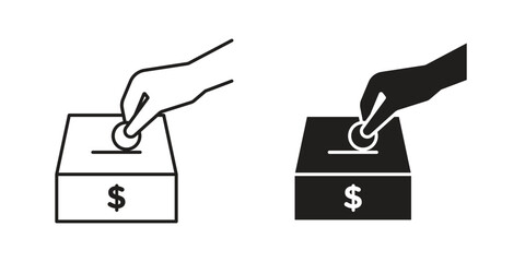 Two illustrations showing a hand dropping a coin into a donation box. Simple line art and solid black versions.