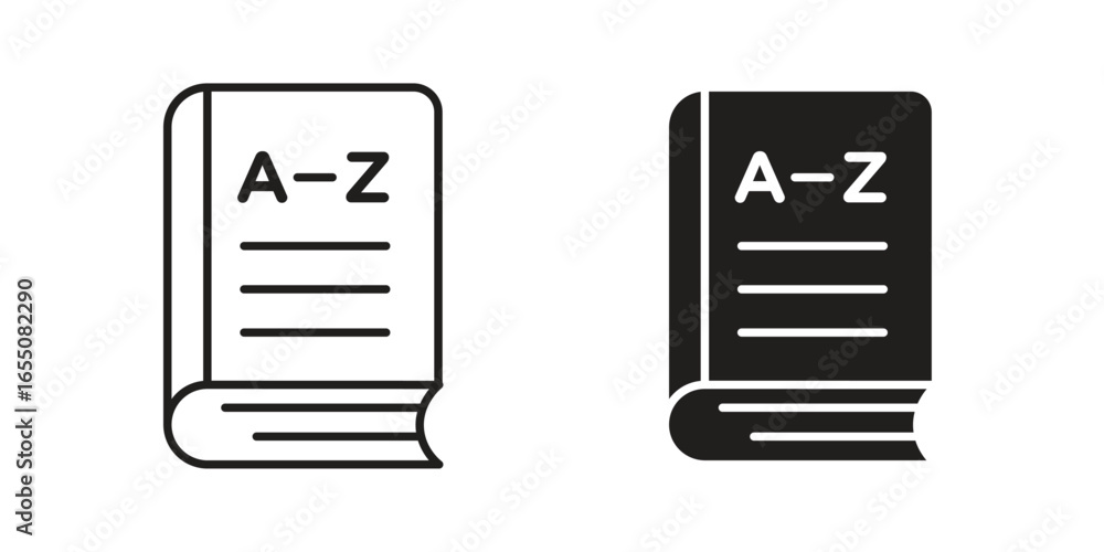 Poster two simple dictionary icons: one line art, one solid black, both showing a-z and pages. isolated on 