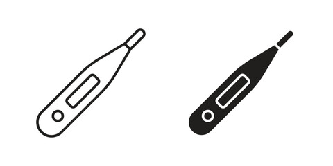 Two digital thermometer icons: one line art, one solid black. Isolated on white.
