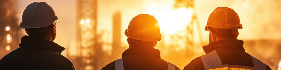 Team of steam operators celebrates safe work achievements at sunset on industrial site