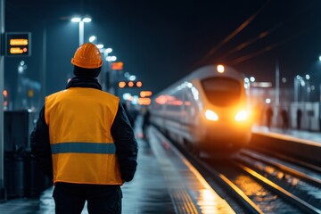 Diverse station workers overseeing a busy train platform during nighttime operations