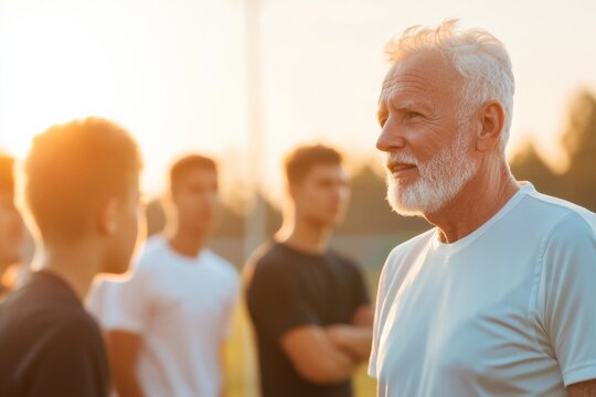 Elderly male coach instructs young athletes during a training session at sunset