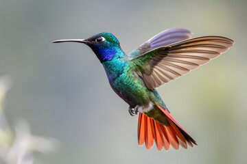 Obraz premium Stunning Golden-tailed Sapphire Hummingbird in Mid-Air Flight Generative Ai.