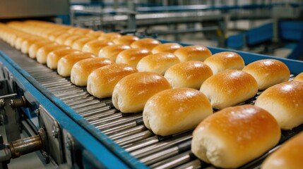 Freshly baked breads on conveyor belt