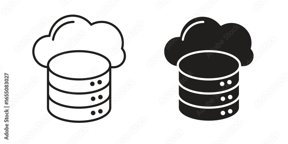 Poster two isometric icons depicting a database server with a cloud, one in outline and one solid, isolated