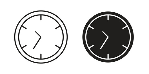 Two simple clock icons, one line art and one filled, isolated on white. Minimalist design.