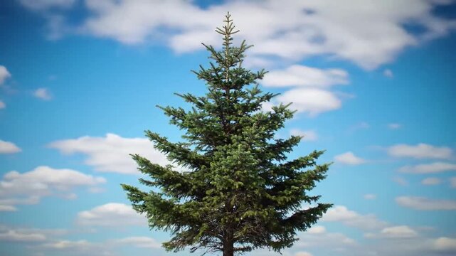 A single pine tree stands tall against a vibrant blue sky with fluffy white clouds.