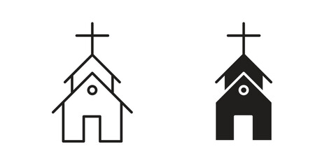 Two simple church icons: one line art, one solid black, isolated on white. Ideal for religious websites or apps.