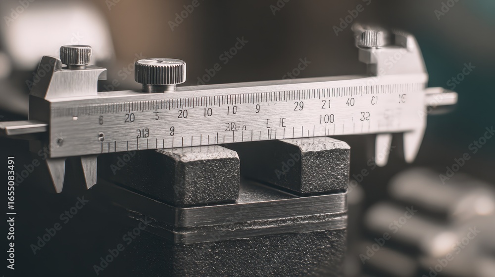 Poster clear medium shot of analog calipers aligned on a machined block detailed focus on measurement scale