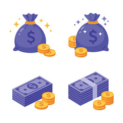 Money bags and stacks of cash with coins on a white background