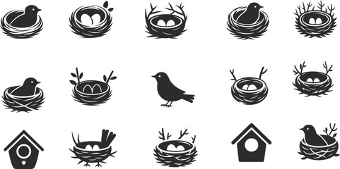 PrintBird nest icons, birdhouse silhouettes, spring wildlife symbols, nature vector set, black and white graphic design, Adobe Stock illustration