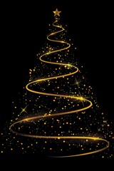 2d flat premium quality clipart, minimalist golden gradiant coloured calligraphy line curling and swirling in the shape of a Christmas tree