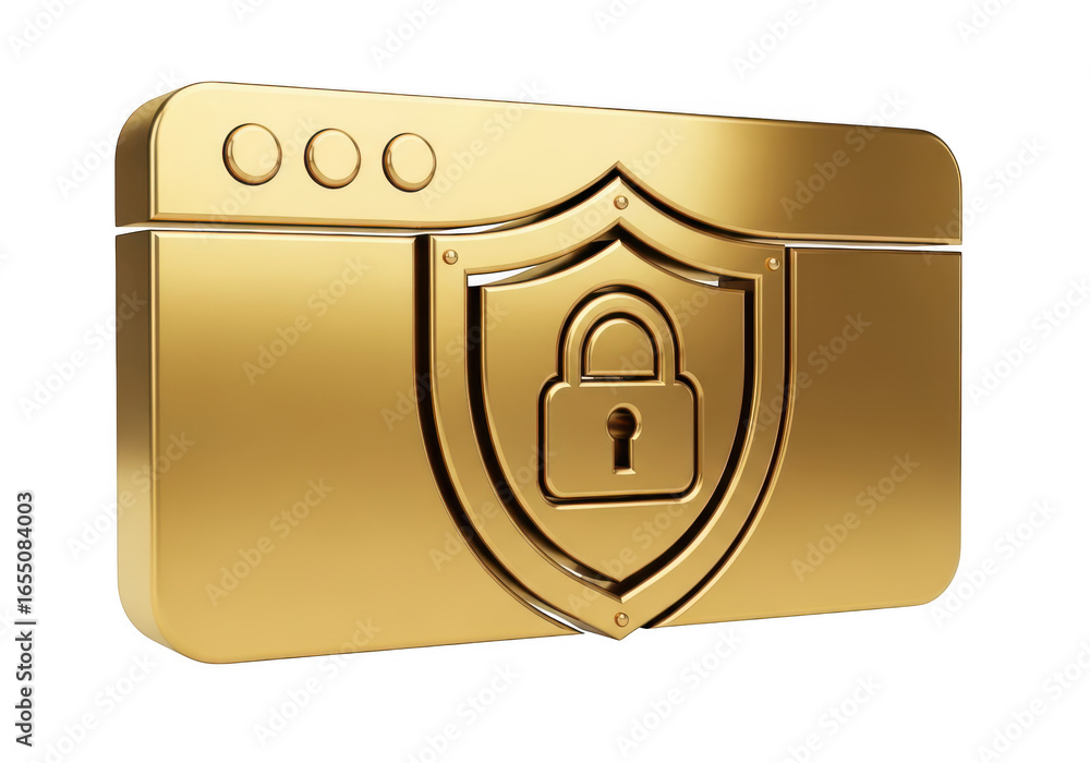 Poster golden website shield with padlock isolated on transparent background