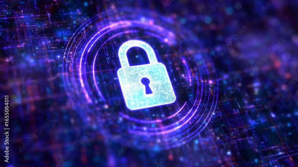Poster digital security: a glowing padlock symbolizing secure digital information, set against a backdrop o