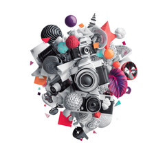 Cluster of photography gear, geometric shapes, and colorful objects with textures