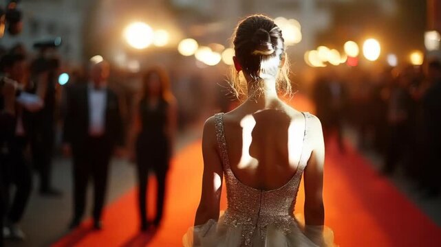 Celebrity on red carpet with paparazzi flashing with camera. Woman with paparazzi. Action. Beautiful woman at fashionable event with paparazzi. Rear view of famous gorgeous woman at event 4k video 