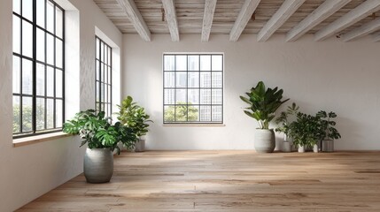 Fototapeta premium Bright, airy loft space with large windows and plants