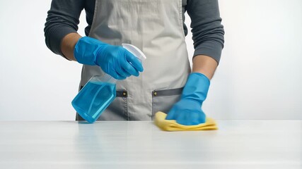 A professional cleaner wearing an apron and rubber gloves sprays disinfectant and wipes a white table with a cloth, a concept for hygiene, sanitation, and commercial cleaning services - Powered by Adobe