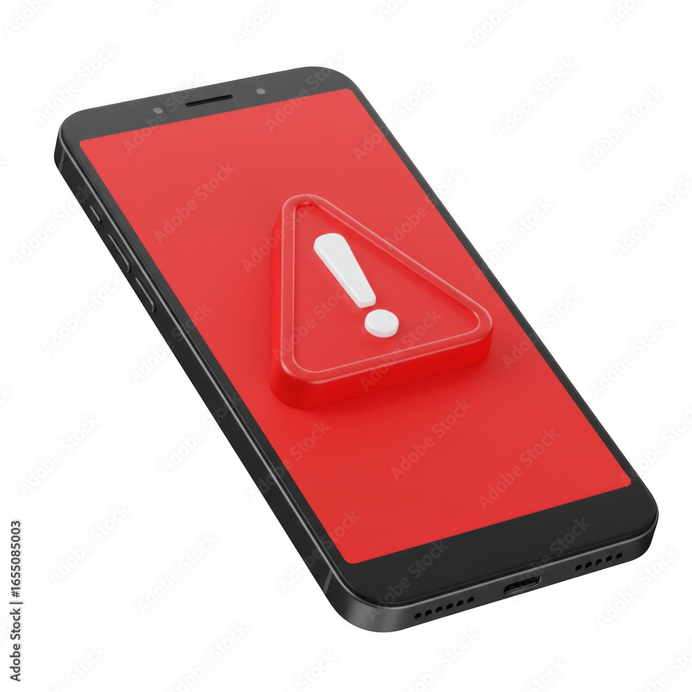 Poster 3d smartphone with red alert symbol isolated on transparent background