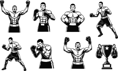Boxer silhouette grid, 8 poses, muscular fighter, trophy, victory, flexing, punching, black vector PNG, sports clipart, champion