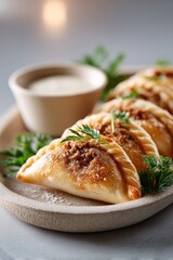 Experience the rich flavors of Lebanese sfeeha meat pies served with tahini sauce