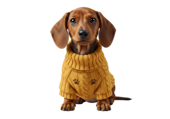A dachshund puppy sitting and wearing a yellow knitted sweater with paw prints