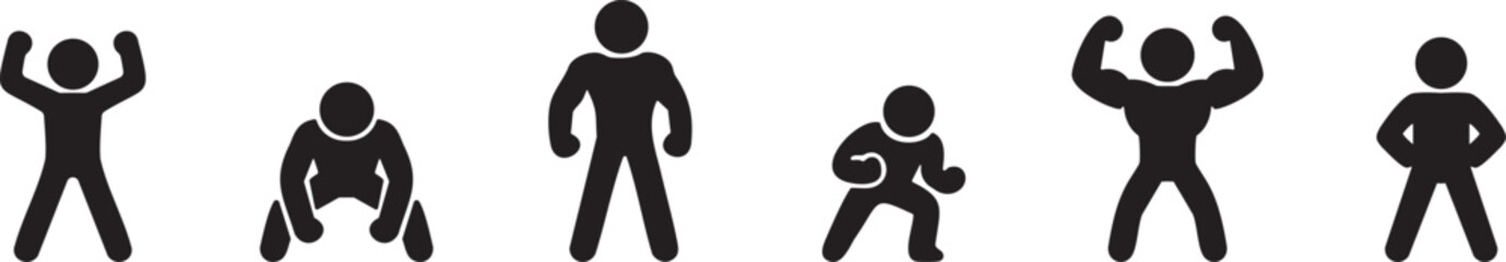 Stickman silhouette icons of bodybuilding poses showing strength, gym training, flexing muscles, and fitness competition concepts