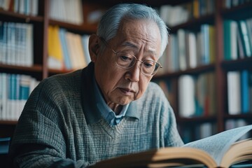 Elderly man of Asian descent deeply engaged in analyzing texts in a serene library setting