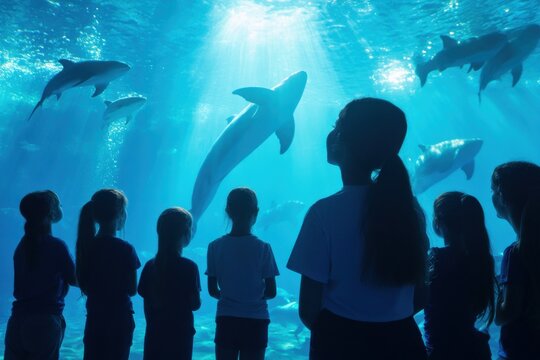 Multicultural handlers educate visitors about sea mammals in an aquarium setting - Powered by Adobe