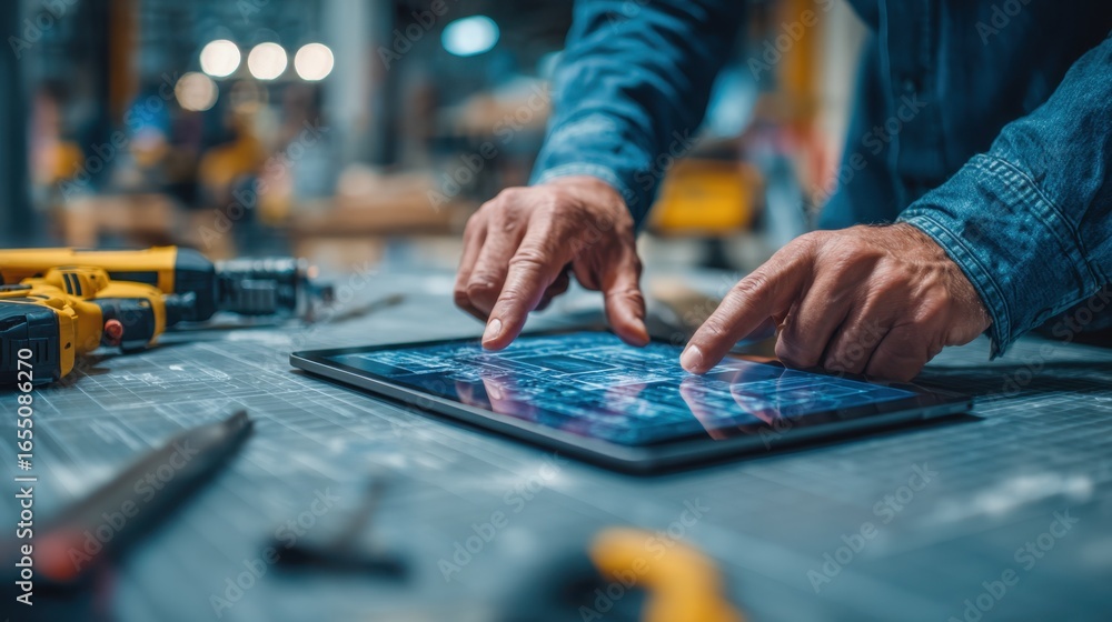 Poster close medium shot of a person editing versioncontrolled digital work instructions on a tablet softfo