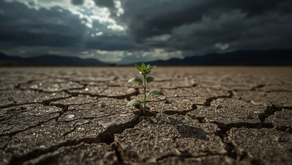 Hope emerges from cracked earth as a small plant begins to grow in a dry, barren landscape under a dramatic sky
