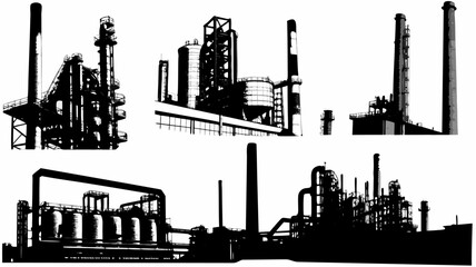 Obraz premium Silhouette illustration showcasing industrial plants with smokestacks and complex piping systems in black and white
