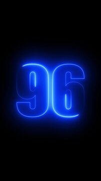 Bright Blue Neon Number 96 Illuminated on a Dark Background ninety six numeral