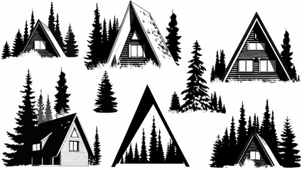 Obraz premium Illustration of a frame style houses and various trees in a black and white color palette design style silhouette