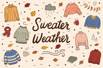 A colorful doodle illustration with autumn elements. Sweater Weather lettering creates a cozy atmosphere. Suitable for autumn events and decor.