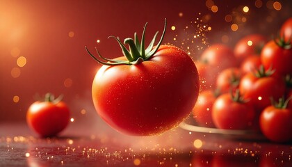 A tomato, shiny with ripeness, juicy and healthy, flies straight to your table against the background of equally appetising tomatoes, spreading a magical glow of freshness and health, ready to eat.